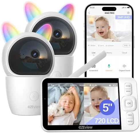 ید دوربین مراقبت کودک CZEview مدل BM2 PRO با مانیتور ۵ اینچ و کیفیت تصویر 2K. مجهز به دید در شب، ارتباط دوطرفه، سنسور دما و قابلیت چرخش. امنیت کودک شما در هر لحظه.
