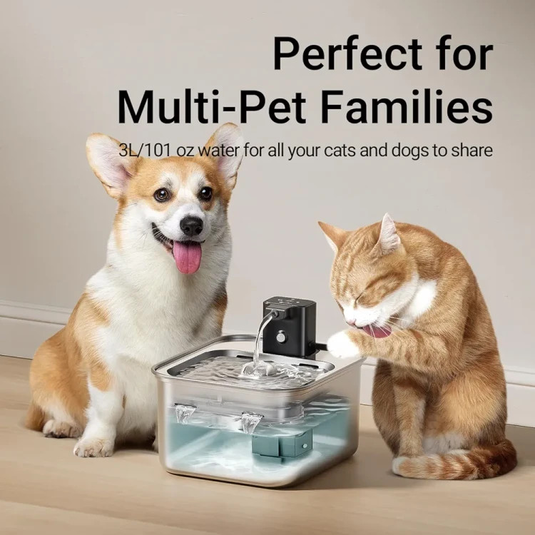 آبخوری اتوماتیک تمام استیل DownyPaws | آبخوری بیسیم ۳ لیتری شارژی با سنسور حرکتی برای سگ و گربه