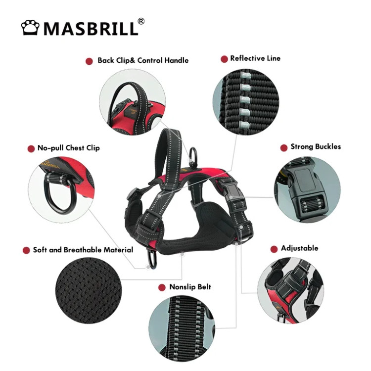 هارنس سگ MASBRILL سایز L | ضد کشش، بازتابنده، پددار و تنفسپذیر با دسته کنترل