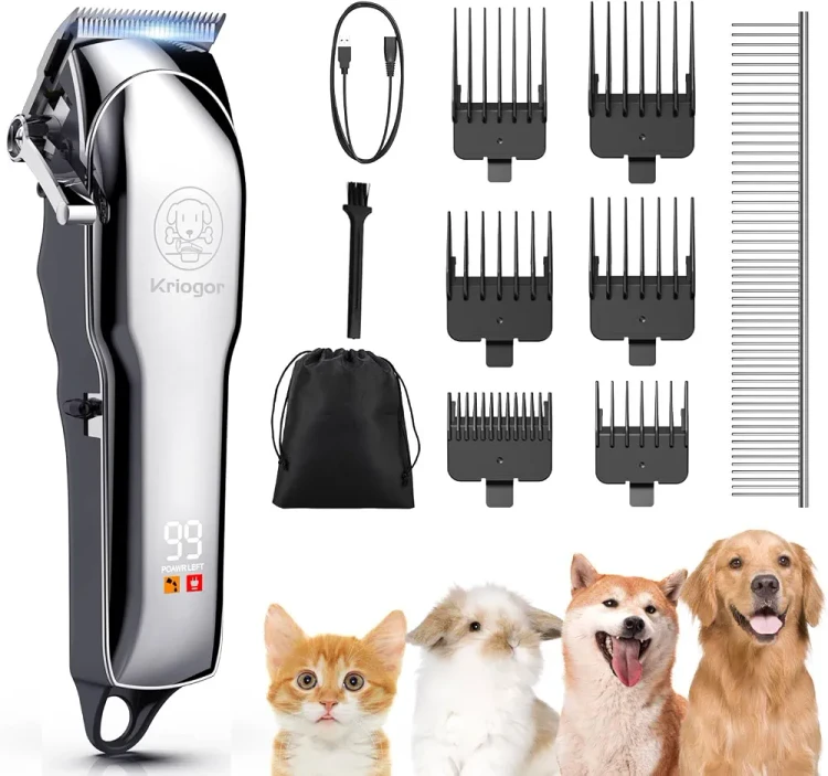 ماشین اصلاح حرفه‌ای سگ و گربه KrioGor | شارژی، بی‌سیم، کم‌صدا با نمایشگر LED و ۶ سری